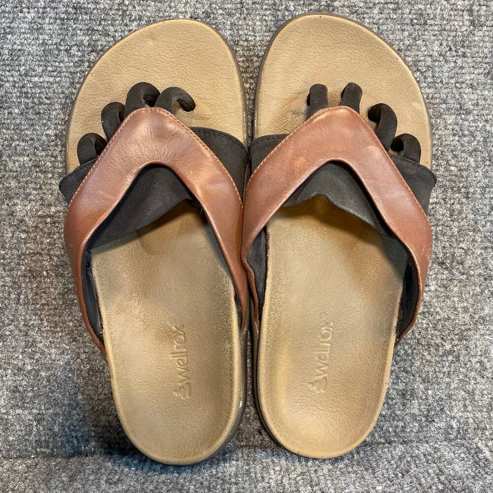 Wellrox Brown Black Leather Toe Separator Grasp Comfort Flip Flop Sandal Women 8